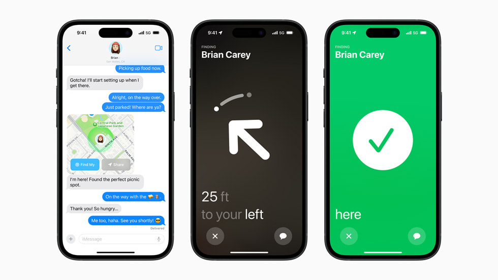 三台 iPhone 15 裝置顯示「尋找朋友」，包括地圖檢視畫面、指向朋友方向的畫面，以及綠色勾選標誌顯示使用者已到達正確地點的畫面。
