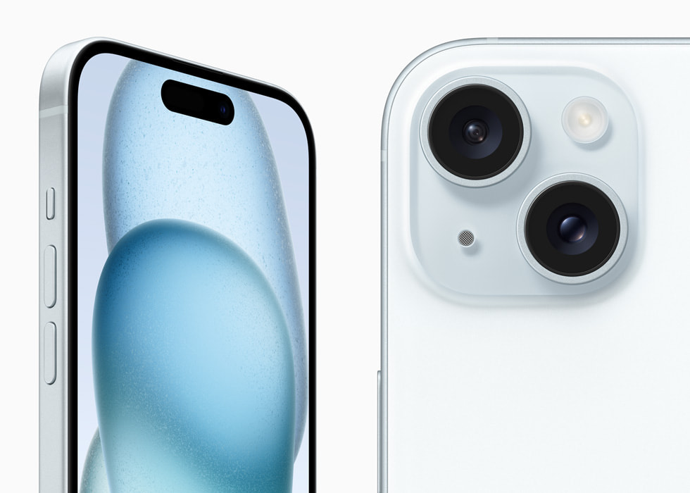 圖片顯示藍色 iPhone 15 的正面和背面。